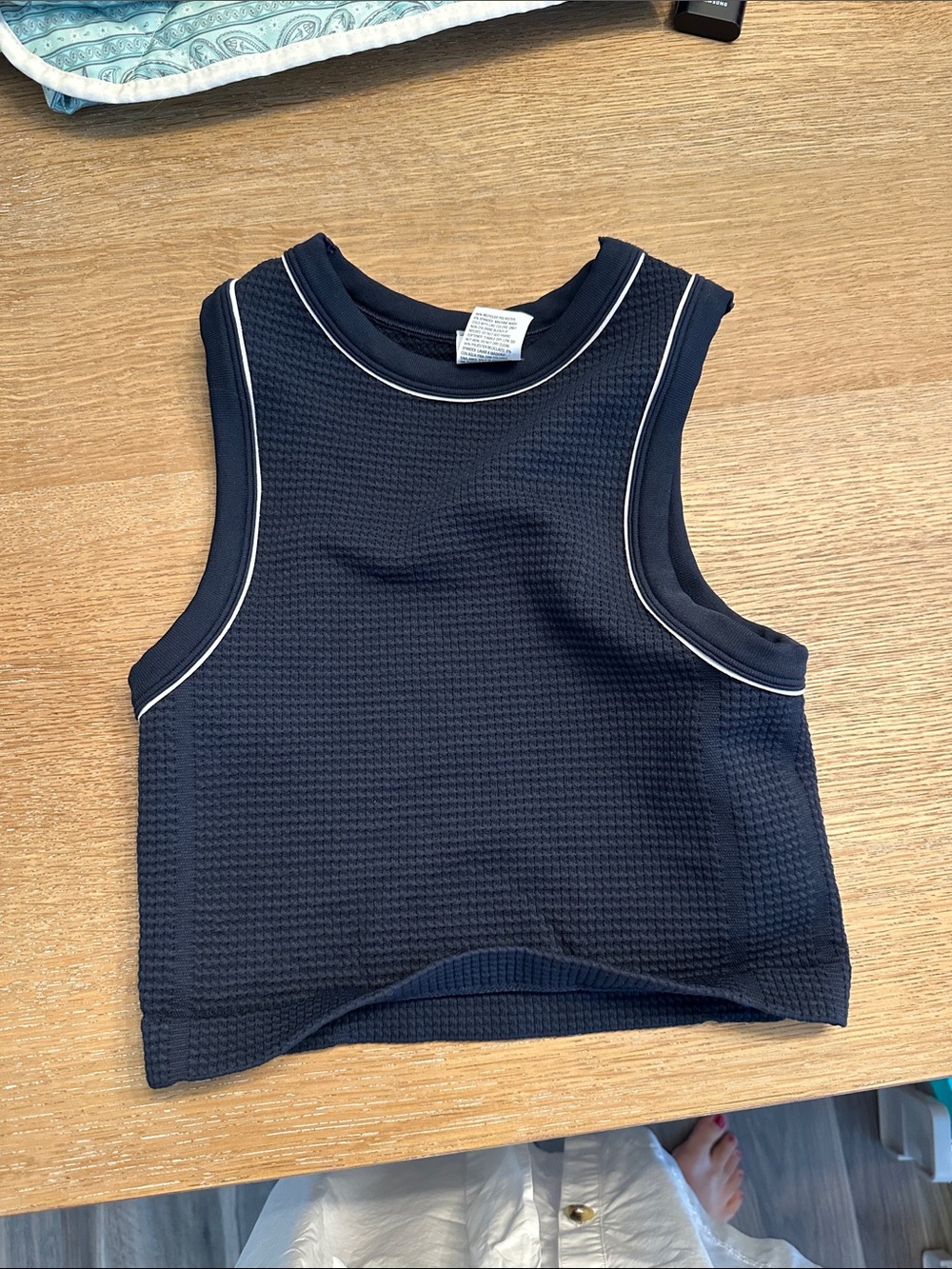 all in motion Navy Waffle-Knit Sleeveless Tank with Contrast Piping